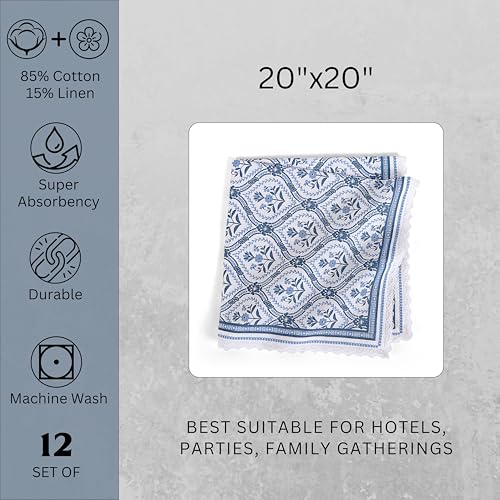 Image of FINGERCRAFT Table Napkins Set of 12 Cotton Linen Fabric with Classic Lace 20x20 Inch (50cmx50cm) Dinner Napkin Durable and Good Absorbency for Home, Hotels, Parties (Blue Damask)