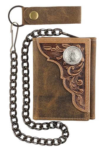Image of F&L CLASSIC RFID Blocking Men's Tri-fold Vintage Biker Cowhide Leather Steel Chain Wallet,Snap closure, brown, western style,315-82
