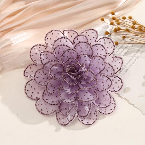 Image of Rhinestone Camellia Flower Big Brooch Lapel Pins for Women Fashion Crystal Fabric Floral Brooches Pin for Dresses Suit Accessories Jewelry Boutonniere Corsage Wedding Party 140mm