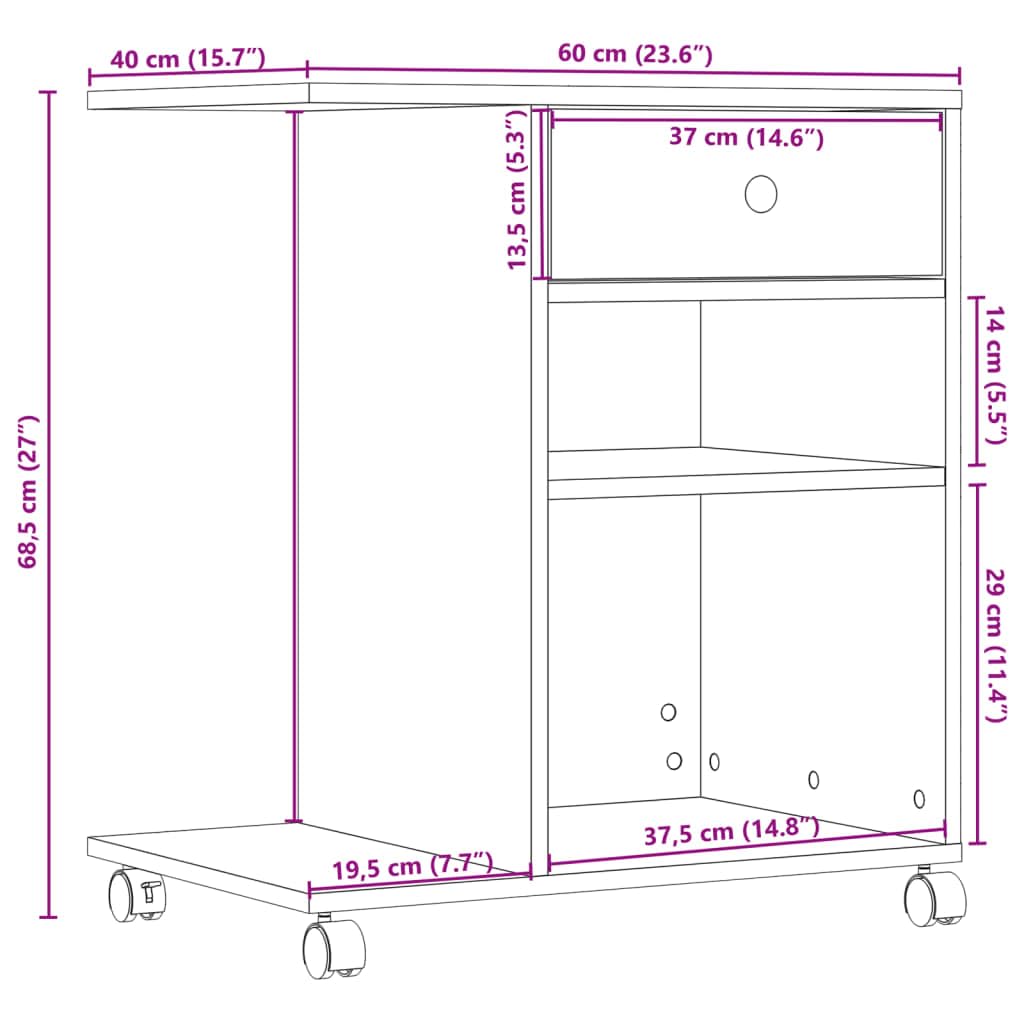Stojak na drukarkę z rolkami dąb wędzony materiał drewnopochodny 60 x 40 x 68,5 cm z 4 kółkami i hamulcami, wielofunkcyjny stół do drukarki, do biura, biura domowego, przechowywania i