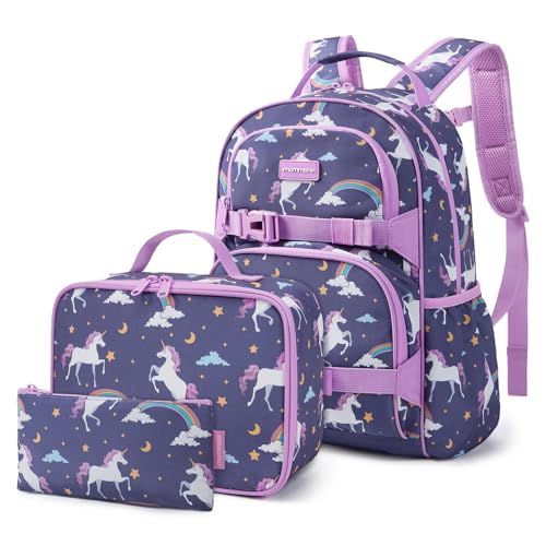 mommore Kids Backpack for Girls 4-8 with Lunch Box Elementary Kindergarten Preschool School Backpack 15'' Fit Folders Bottles, Purple Unicron