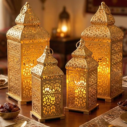 VELA LANTERNS 4pc Golden Temple Moroccan Lantern Lamp Decorative Candle Holders for Ramadan Decorations, Hanging, Outdoor Patio or Porch, Indoor Home Decor, Gold, (11" and 15" Tall)