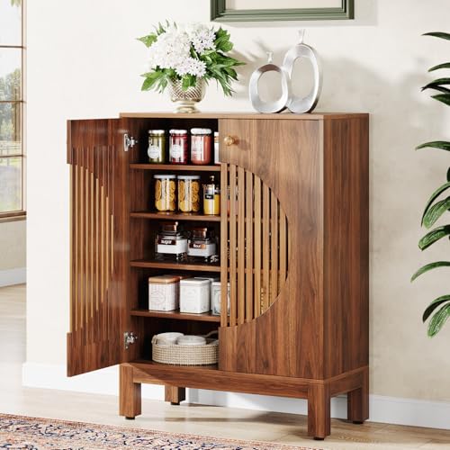 Tribesigns Aparador tipo bufé con puertas redondas con persianas, almacenamiento de cocina de granja con estantes extraíbles, gabinete de madera de 5 niveles para sala de estar, comedor (marrón)
