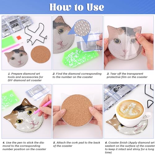 Billbotk 8 Pieces Diamond Painting Coasters Kit with Holder, Diamond Art Coasters, DIY Diamond Art Crafts Projects, Diamond Dot Kits for Adults and Beginners(Cat Style) - Thumbnail 5