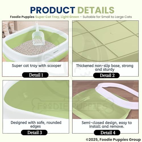 Image of Foodie Puppies Cat Litter Box Tray with Rim and Scooper - (Light Green) (Large, 46 x 38 x 13 cm) | Semi-Closed Design and Durable Quality | Pet Litter Sand Tray Suitable for All Adult Cats & Kittens