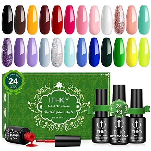 Gel Nail Polish Kit - ITHKY 27 Pcs Soak Off Nail Polish Set Pink Blue Green Yellow Nail Polish UV Led Gel Polish, Silver Glitter Gel Nail Polish with Base Coat and Glossy & Matte Top Coat Gift