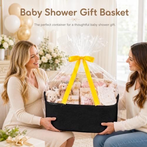 Image of OIASKET Large Empty Cotton Rope Gift Basket with Handles, 16.5 inchx12.6 inchx7 inch Decorative Woven Storage Basket with Gift Bag and Ribbon Set for Baby Shower, Toy Organizer for Kids, Dogs & Cats - Black