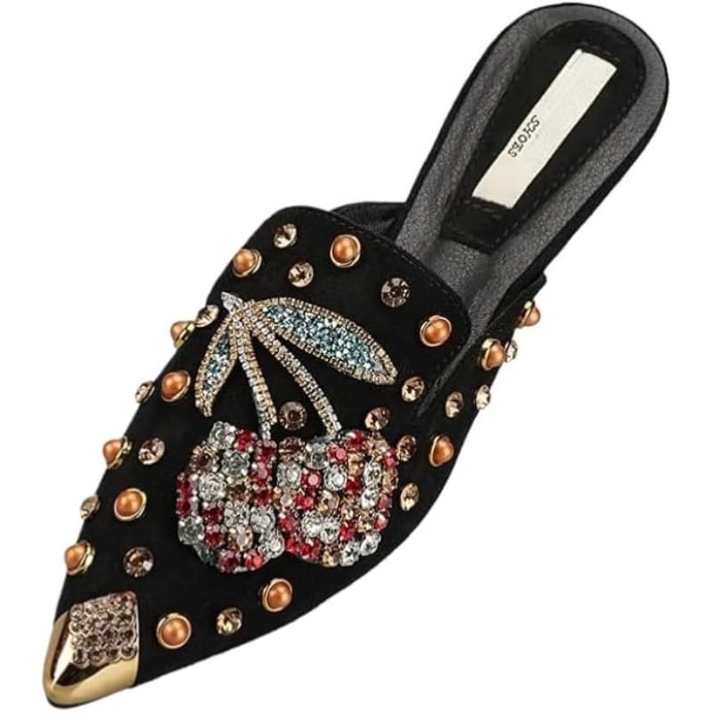 Mules for Women Flats Comfortable Soft Memory Foam Insole Cherry Pointed Rivet Mule Shoes