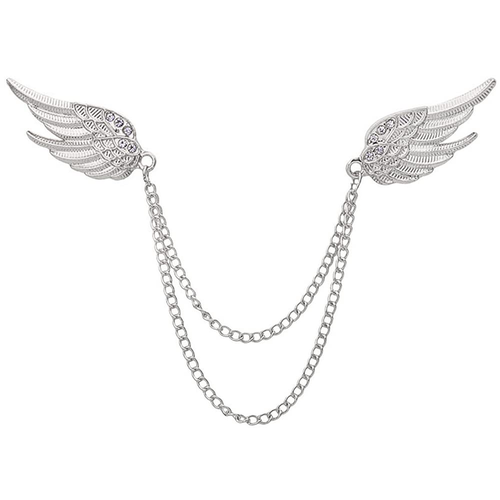 Angel Wings Tassel Chain Brooch Collar Pins. Rhinestone Metal Feather Lapel Pin, Suit Coat Breastpin for Women Men's Accessories