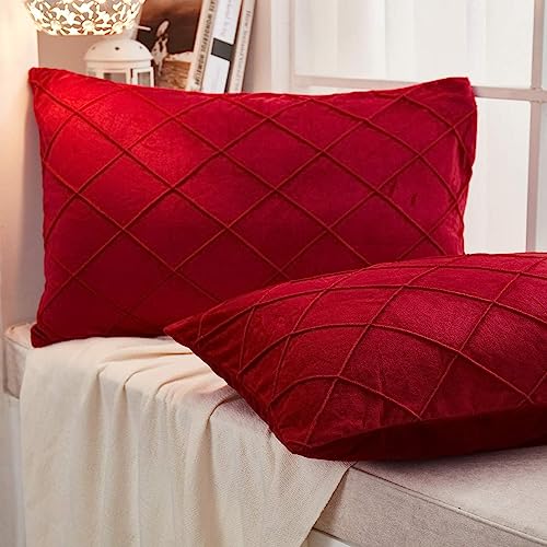 Image of AMICA Luxurious Diamond Pinch Pleated Crystal Velvet Pillowcases Solid Pintuck Throw Cushion Cover for Home Decor Hidden Zipper Closure (Red, 16'' X 24'' Inch)