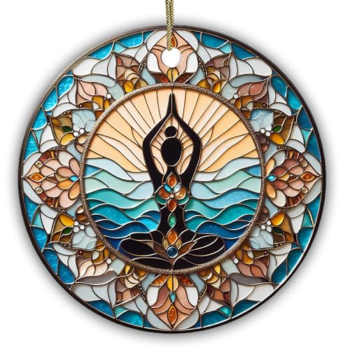 Sportyzen Yoga Meditation Ceramic Ornament – Tranquil Lotus Pose Sun & Waves Design – Spiritual Home Décor Gift for Yoga Lovers, Mindfulness, Zen & Boho Style
