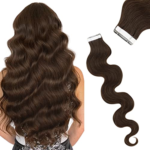 Tape in Human Hair Extensions Wavy #4 Dark Brown Tape in Hair Extensions Brown Body Wave Hair Extensions Tape on Real Human Hair Tape in Extensions 22inch 50g 20pcs