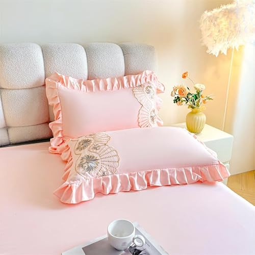 Zhiyuan A Pair of Ruffle Standard Bed Pillow Shams with Floral Lace, Light Pink