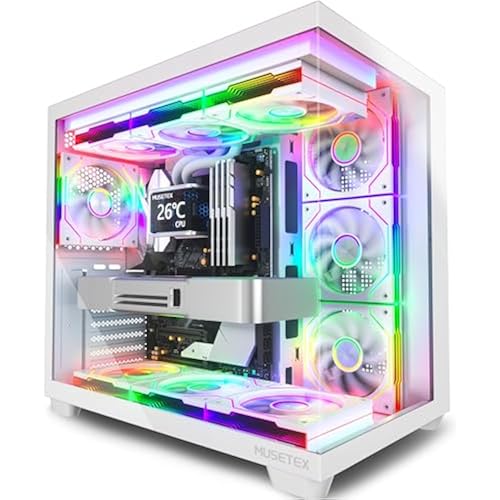 MUSETEX Y6 PC Case, Pre-Installed 7 Infinity Mirror PWM ARGB Fans, ATX Mid Tower Computer Case, Gaming PC Case with Type-C, 270° Full View Tempered Glass, White