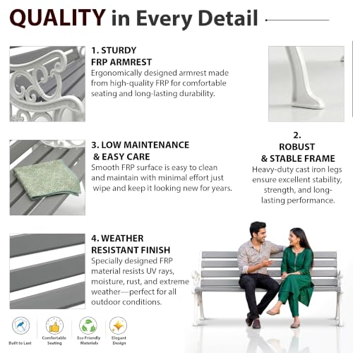 Image of BRISHI 3 Seater Cast Iron FRP Garden Bench for Indoor & Outdoor Park /Patio /Living Room /Terrace /Balcony (Black+ White)