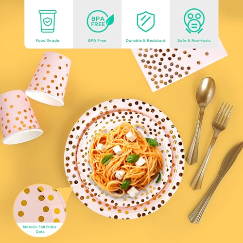 Pink and Gold Party Supplies - 350 PCS Disposable Dinnerware Set - Pink Paper Plates Napkins Cups, Gold Plastic Forks Knives Spoon for Graduation, Birthday, Cocktail Party - Thumbnail 3
