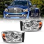 ROXX Headlight Assembly For 2006-2008 Dodge Ram 1500/2007-2009 Dodge Ram 2500 3500 Replacement Headlamp, Factory Style Projector Headlights, Chromed Housing, Amber Reflector, Left+Right Side