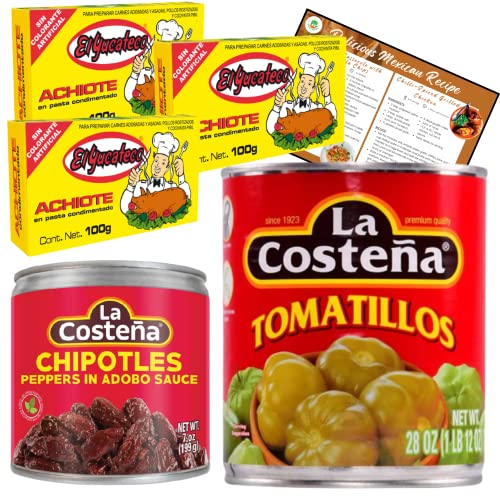 Go2 Groceries Juego de especias mexicanas: pasta de achiote El Yucateco (100 g), chipotles La Costena (199 g), tomatillos (794 g) con tarjeta de recetas