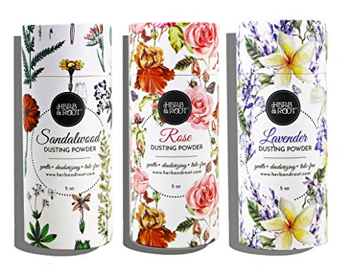 Talc Free Perfumed Body Dusting Powder Set of 3 with Rose, Lavender, and Sandalwood | Herb & Root