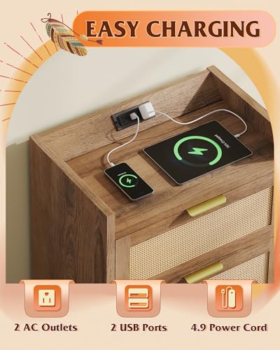 Image of WLIVE Rattan Nightstand Set of 2 with Charging Station, Boho Bedside Table