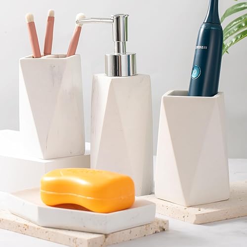 Miniatura 5 de Juego de accesorios de baño, organizador de baño de 4 piezas con vaso de cepillo de dientes, dispensador de jabón, jabonera, vaso, kits de resina