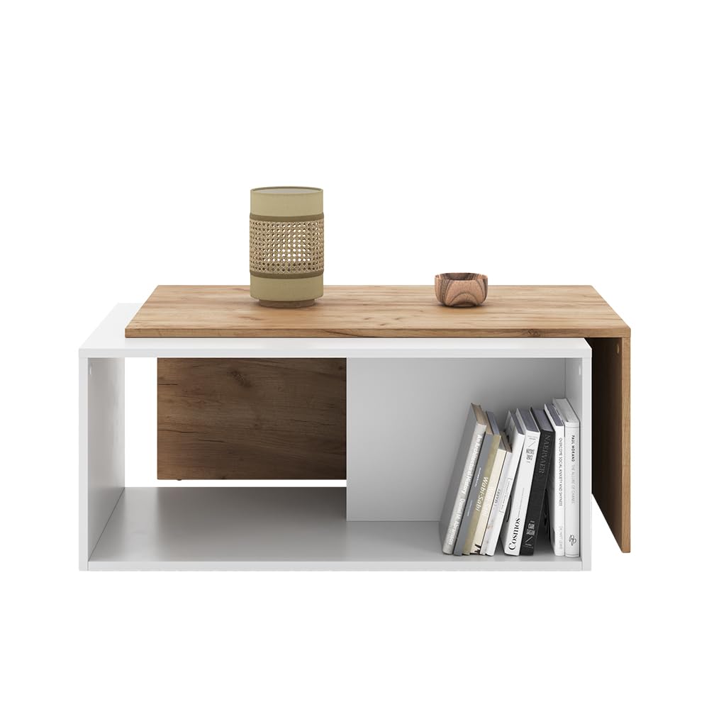 Vicco Couchtisch Paul, Weiß/Goldkraft Eiche, 90 x 48 cm | mit drehbarer Tischplatte und zusätzlicher Ablagefläche