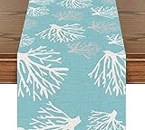 Blue Nautical Coral Reef Table Runner Coastal Cotton Linen Table Runners Farmhouse Seasonal Home Dec