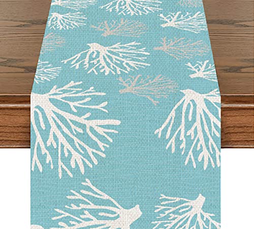 Blue Nautical Coral Reef Table Runner Coastal Cotton Linen Table Runners Farmhouse Seasonal Home Decor for Kitchen Dinner Party Holidays Housewarming Gift (14x72 Inches )