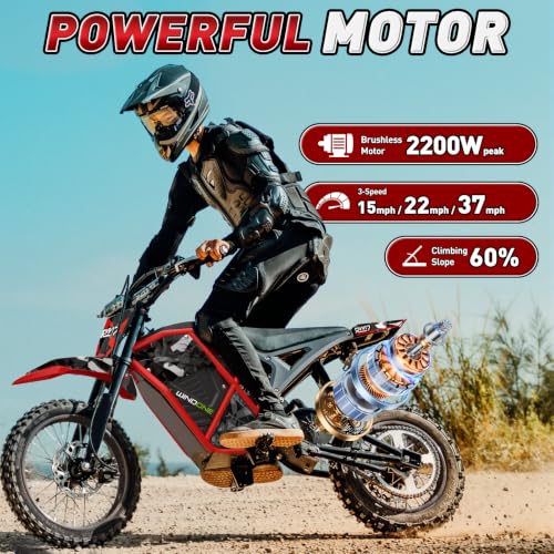 Image of Windone RM7 Electric Dirt Bike for Teens & Adults, 48V 22.5Ah, 37MPH & 45-Mile Electric Motorcycle, 2200W Ebike, 14 inch /12 inch Off-Road Tire E-Bike, Dual Hydraulic Brakes, Full Suspension, Fit Age 13+