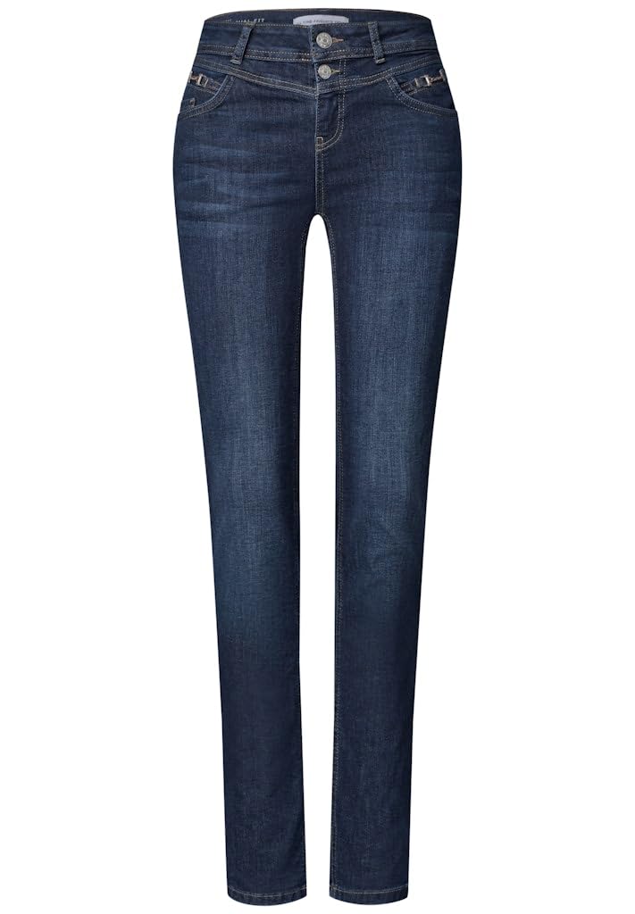 Street One 3818280 Women's Mid Waist Slim Leg Jeans with Decorative Detail, Dark Blue Soft Washed, 26W x 28L
