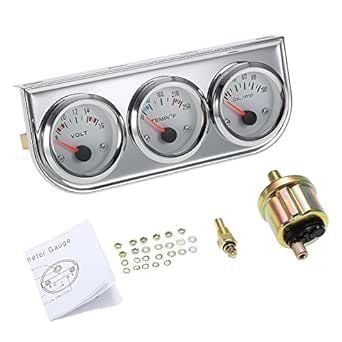 Shkalacar Triple Gauge Kit - Volt Meter, Water Temp, Oil Press Car &amp; Motorcycle Meter, 52MM Chrome 3 in 1 Gauge Kit