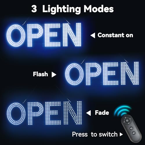 Image of LED Open Sign for Business 22 inchLx7 inchH with 10 Dimming Levels, 3 Modes & Adjustable Chain - Ultra Bright Storefront Signs for Window Glass Door Shop Retail Restaurant Salon (Cold White)