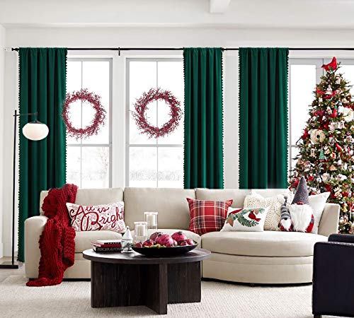 Pompom Green Full Blackout Curtains For Bedroom Living Room 63 Inch Thermal Insulated Window Curtain Panels For Christmas Décor 50" W X2 Panels Rod Pocket #TOP7