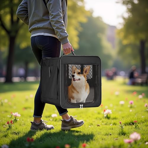 Wiltec Faltbare Transportbox für Hunde, Katzen M (58x46x53 cm), robust, leicht, sicher, Hundebox mit entnehmbarem Kissen, Schwarz