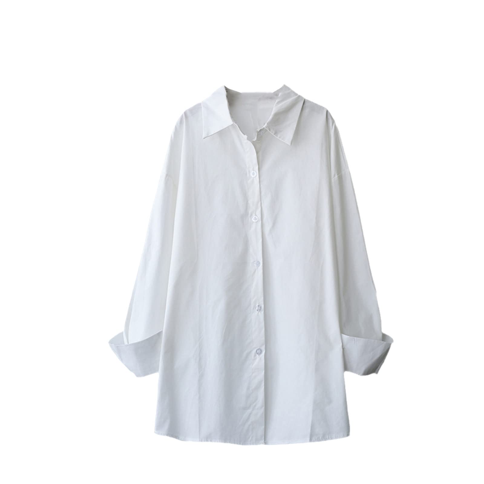 Blusa de manga larga Mujer Botón Up Camisa de señoras Tops de moda coreana Blanco Azul Rosa Algodón Otoño Suelto Oversize, blanco, S