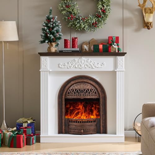 Image of 45 inch Electric Fireplace with Mantel, Farmhouse FreeStanding Electric Fireplace Heater Entertainment Center Wooden TV Stand, 30'' Fireplace Insert Heater for Living Room,Bedroom-Bronze Heater