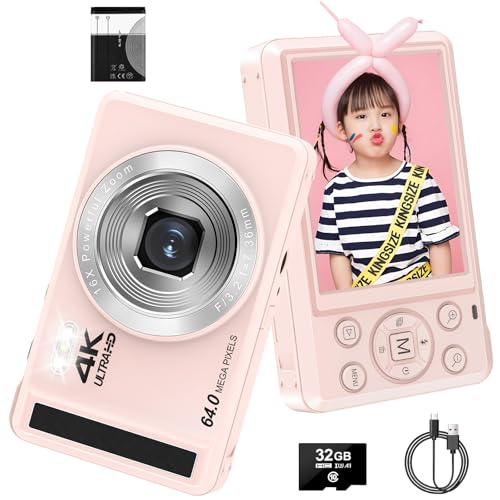 Digitalkamera, 4K 64MP Autofokus UHD Kompaktkameras für Fotografie und Video - Wiederaufladbare Vlogging-Kamera mit 32-GB-Karte, Akku, 16-facher Digitalzoom für Kinder Anfänger Teenager