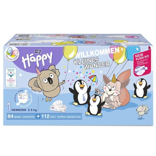 bella baby Happy Windeln comfort Größe 1 Newborn 2-5 kg | Geschenk zur Geburt | 84 Windeln + 2er Pack Feuchttücher Sensitive | Babyerstaustattung