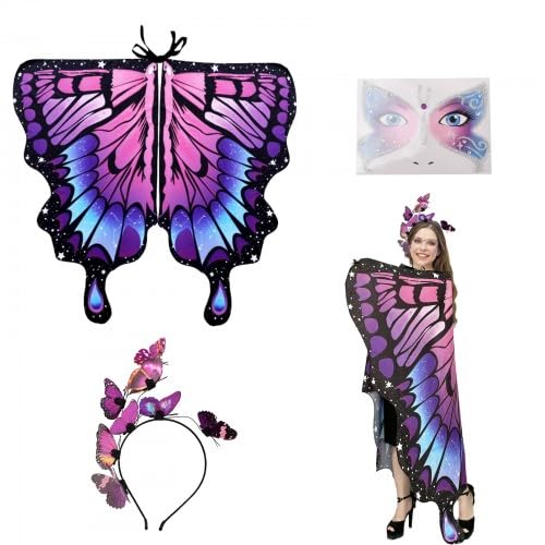 Duronge Womens Butterfly Wings Costume, Butterfly Costume with Butterfly Headband and Butterfly Face Stickers, Butterfly Wing Cape, for Christmas Halloween Cosplay