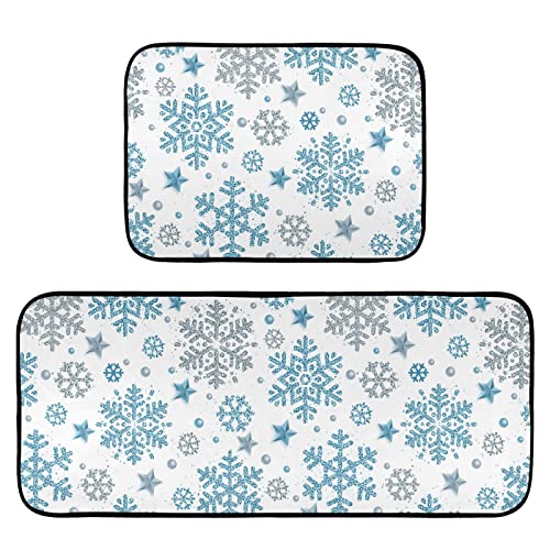 Pfrewn Silver Blue Glitter Snowflakes Kitchen Rug and Mat Set of 2 Anti Fatigue Non Slip Washable Winter Snow Runner Rugs Floor Mats for Christmas X-mas Holiday Kitchen Laundry Room Home Decor