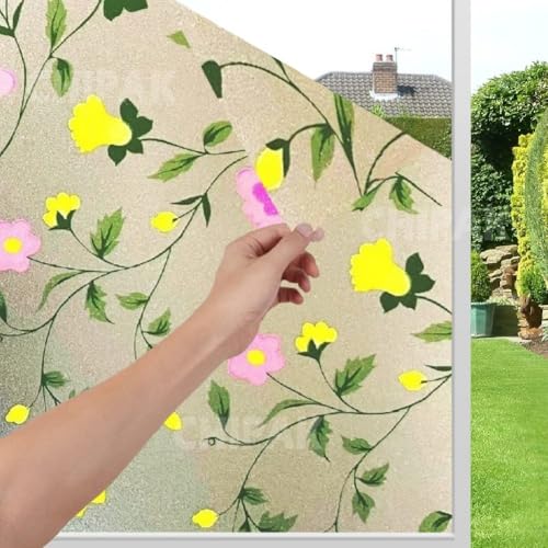 Image of CHIPAK Premium Vinyl Privacy Stained Window Glass Film (18x100 Inch) - Self-Adhesive Decorative Sticker Opaque Sheet Tint Wallpaper for Glass Cover Window, Door, Office.| Anti-UV. Pink Yellow Flowers