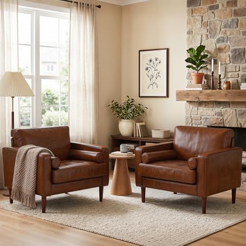 Image of Faux Leahter Accent Chairs Stet of 2, Comfy Upholstered Armchairs for Living Room, Modern Bedroom Reading Seat with 2 Bolster Pillows, Brown