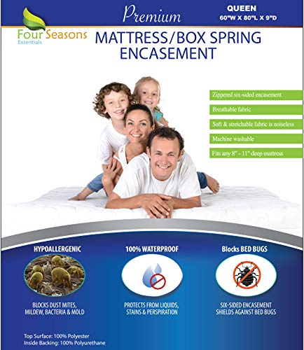 Four Seasons Essentials Zippered Queen Mattress/Box Spring Protector (8"-11" Depth) - Waterproof Encasement Hypoallergenic Premium Quality Cover Protects from Dust Allergens