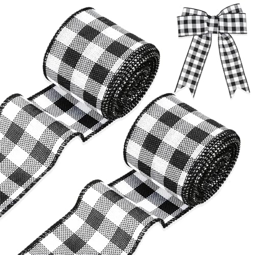 Buffalo Plaid Ribbon 2 Rolls Wired Edge Christmas Plaid Ribbon 2.5 Inch Wide Black and White Checkered Ribbon Buffalo Check Ribbon for Crafts DIY Bow Wreath Making Gift Wrapping Decorations 10 Yards
