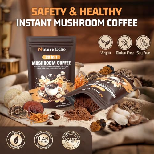 Nature Echo 20 in 1 Mushroom Coffee with Ashwagandha | Lion’s Mane, Reishi, Cordyceps & More - Low Caffeine Instant Coffee Powder for Focus, Energy, Immune & Gut Support | 2.5 Ounce | Sugar Free — view 4