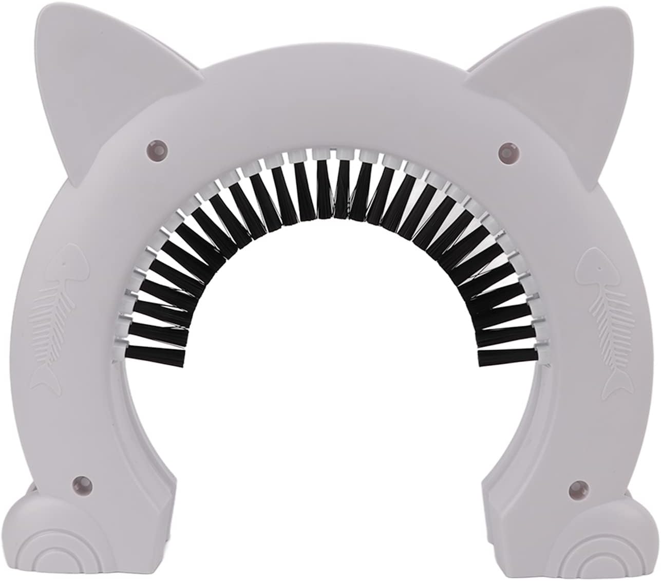 Cat Interior Door with Grooming Brush - White Pet Cat Pass, Stainless Steel Needle & ABS Material, Silent Design with Fish Bone Pattern and Cat Ear Shape, Fits Hollow & Non-Hollow Doors
