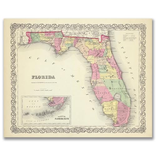 Florida 1856 Vintage 11x14 Unframed Print–Antique Colton’s Atlas Poster with Florida Keys Inset, Historical Cartography Reproduction, Rustic Wall Art for Home, Office, Library, Study, or Classroom