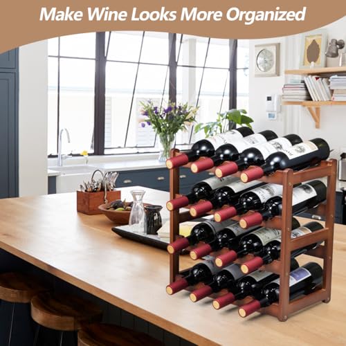 Homevany Bamboo Wine Rack,4 Tier, Wine Bottle Holder, Hold 16 Bottles for Home Kitchen, Dinging Room, Pantry, Cabinet, Bar