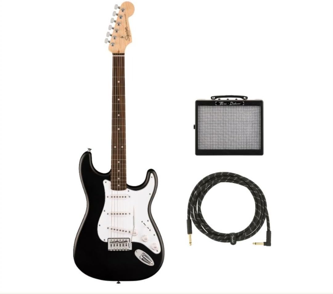 Squier Debut Series Stratocaster Electric Beginner Guitar + Mini Deluxe Electric Guitar Amp, with 2-Year Warranty, 3 Watts + 10ft Guitar Cable, Black