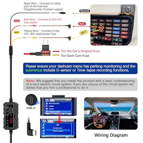 Kit de cableado para cámara de coche USB-C de 12V-30V a 5V con pantalla LED de voltaje 5